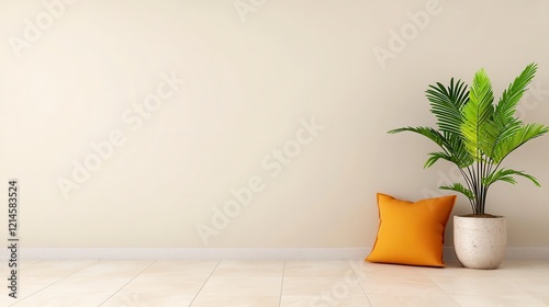 A green plant in a white vase positioned next to a yellow pillow on a neutral surface