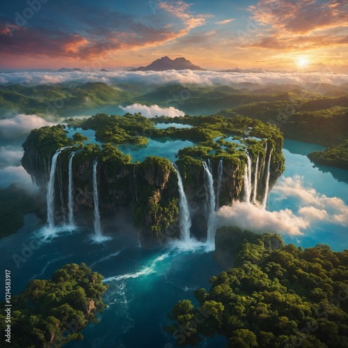 Cloud Nine Sanctuary: A surreal scene of floating islands in the sky, covered in greenery and waterfalls, with a serene, glowing sunset in the background.