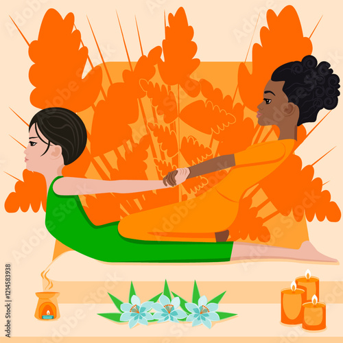 Thai massage. Therapy and treatment by professional therapist in SPA. Isolated flat vector illustration. African and Asian ethnicity.