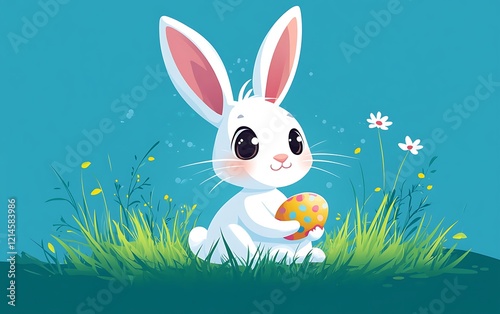 Cute bunny holding Easter egg in grass