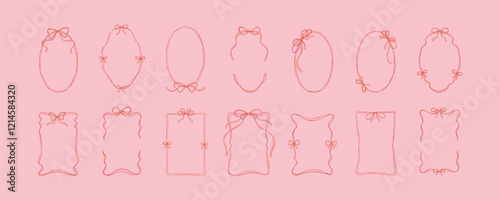 Hand drawn cute line doodle oval and rectangle ribbon frames with bowknot. Bow wavy whimsical borders sketch drawing. Greeting card, wedding invitation, Birthday party design elements