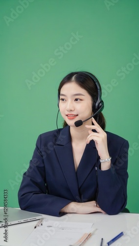 Asian woman in a navy suit with a headset, speaking to a client in a green background office, ideal for customer support, business communication, consulting, and remote assistance

