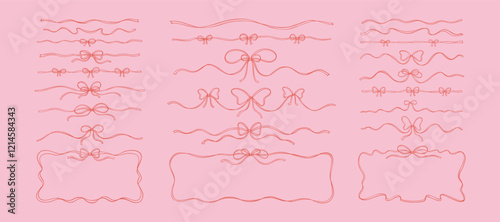 Set of hand drawn bow ribbon text dividers, tape separators and horizontal rectangle frames. Fancy sketchy vintage flourish design elements. Filigree wavy pink whimsical background