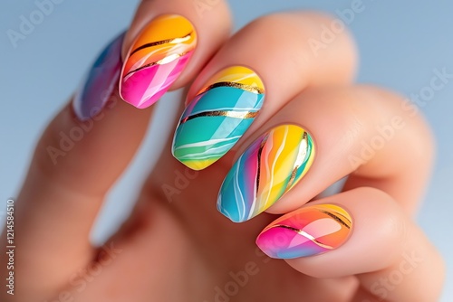 Nail polish design, manicure and trends: Vibrant rainbow gradient nails with glossy finish, bold and playful design, summer nail art trend.