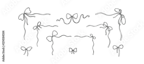 Set of hand drawn wavy ribbon corners and separators with tied bows. Cute line art doodle design elements for wedding invitations, birthday cards, bachelorette party, feminine minimalist art