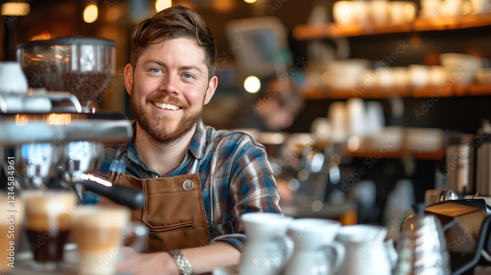 Bearded hipster barista wearing apron smiles at camera. Small business owner. Coffee shop. Bearded hipster barista wearing apron smiles at camera. Small business owner. Coffee shop.