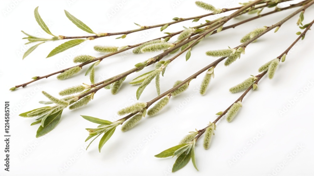 Obraz premium Willow branches with green catkins and leaves on a white background
