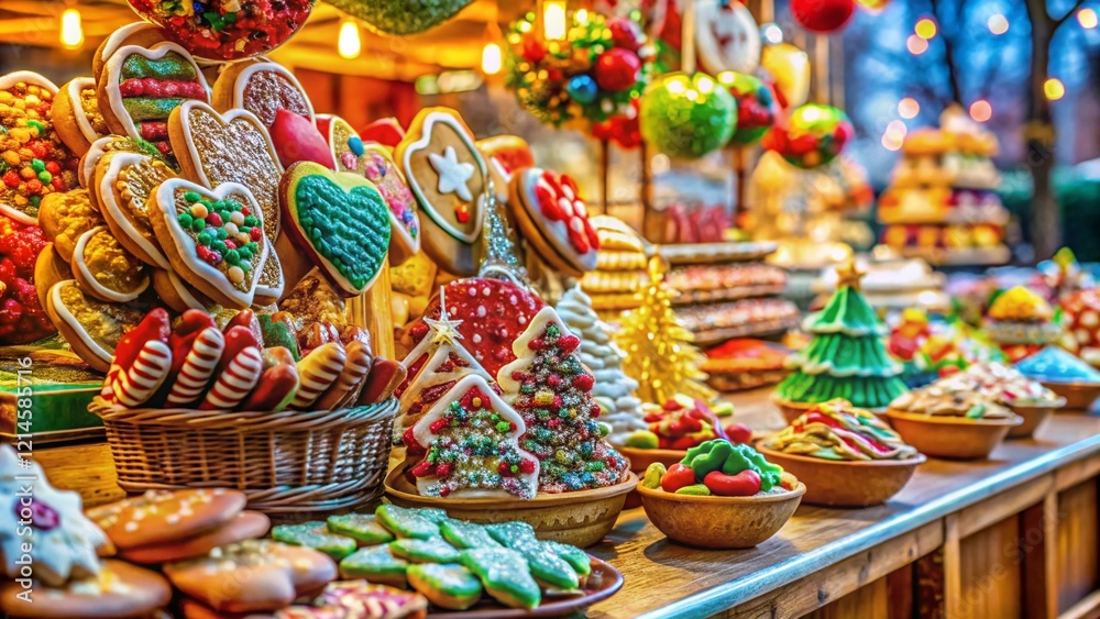 Naklejka premium Riga Festive Market: Gingerbread Cookies & Colorful Sweets Gift Stall