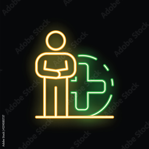 Neon glowing sign of a man standing with arms crossed next to a plus sign on a black background