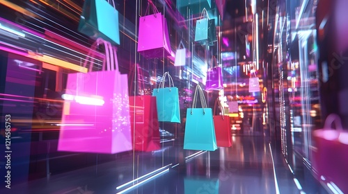 Dynamic Futuristic E-commerce Interface with Colorful Holographic Shopping Bags