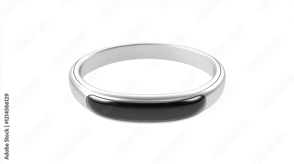 A sleek, modern ring with a polished silver band and a distinctive black inlay, showcasing a minimalist design aesthetic. A sleek, modern ring with a polished silver band and a distinctive black inlay, showcasing a minimalist design aesthetic.