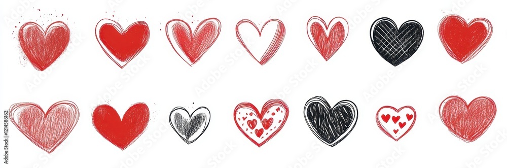 Collection of Hand-Drawn Hearts in Red, Black, and White Collection of Hand-Drawn Hearts in Red, Black, and White