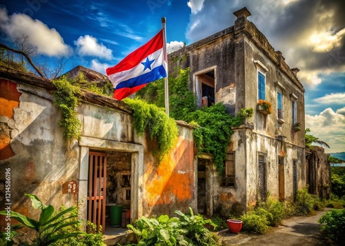 Abandoned Dutch Antilles Building, Waving Flag, Urban Exploration Photography photo