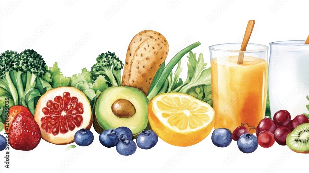 Fresh Fruits and Vegetables with Juices on a White Background Fresh Fruits and Vegetables with Juices on a White Background