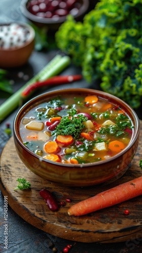 There is a bowl of soup with vegetables on a wooden board, food background photo