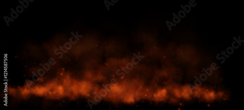 A horizontal trail of orange mist and glowing embers drifts across a dark background, evoking a fiery, dynamic, and atmospheric effect.