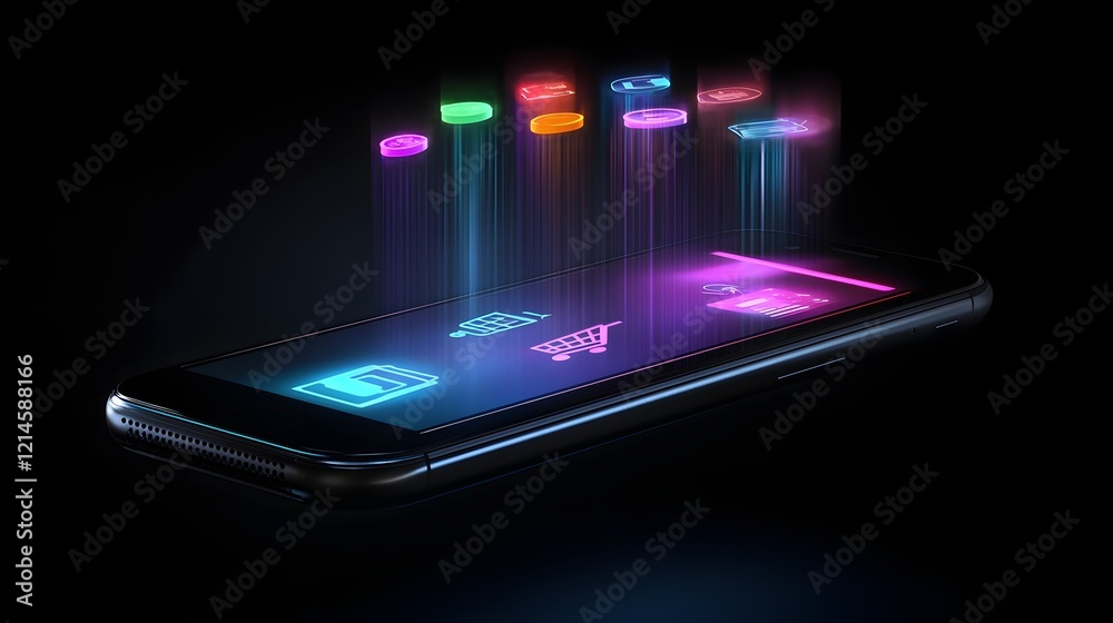 Sleek Smartphone Projecting Digital Shopping Cart with Vibrant Holographic Icons in Minimal Dark Setting Sleek Smartphone Projecting Digital Shopping Cart with Vibrant Holographic Icons in Minimal Dark Setting
