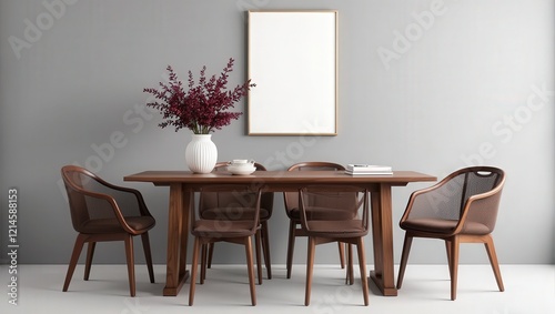 A cozy wooden dining setup featuring four sleek chairs with brown mesh seats encircling an elegant wooden table, accented by a charming vase at its center photo