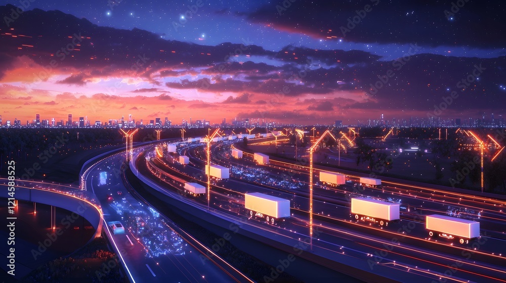 Fototapeta premium Futuristic Logistics Network with Autonomous Delivery on Glowing Highway