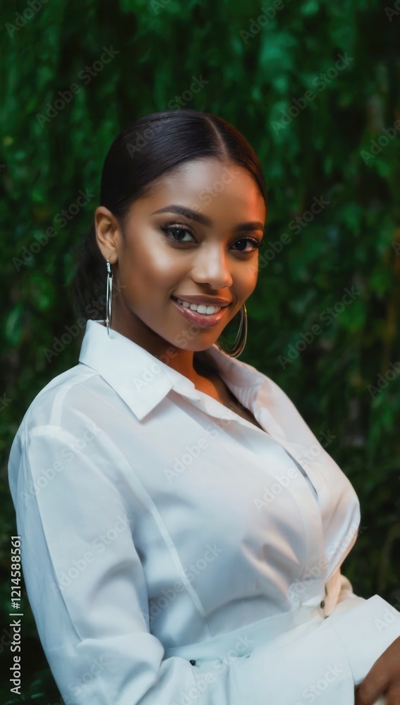 Smiling African American woman with hoop earrings wearing a white blouse in front of a natural green background, great for customer service, lifestyle, consulting, and advertising roles Smiling African American woman with hoop earrings wearing a white blouse in front of a natural green background, great for customer service, lifestyle, consulting, and advertising roles