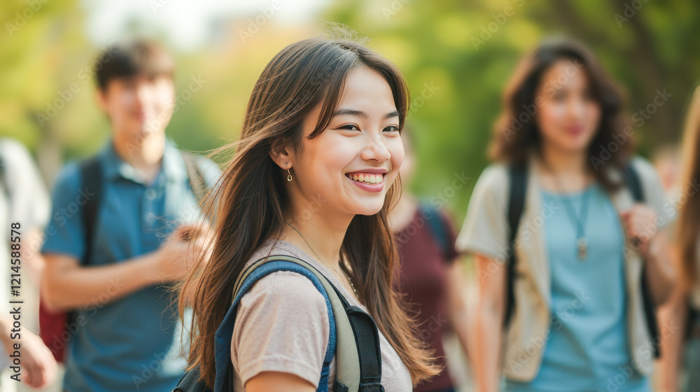 Fototapeta premium Group young students walking campus sunny day backpacks casual clothes friends college life education outdoors together