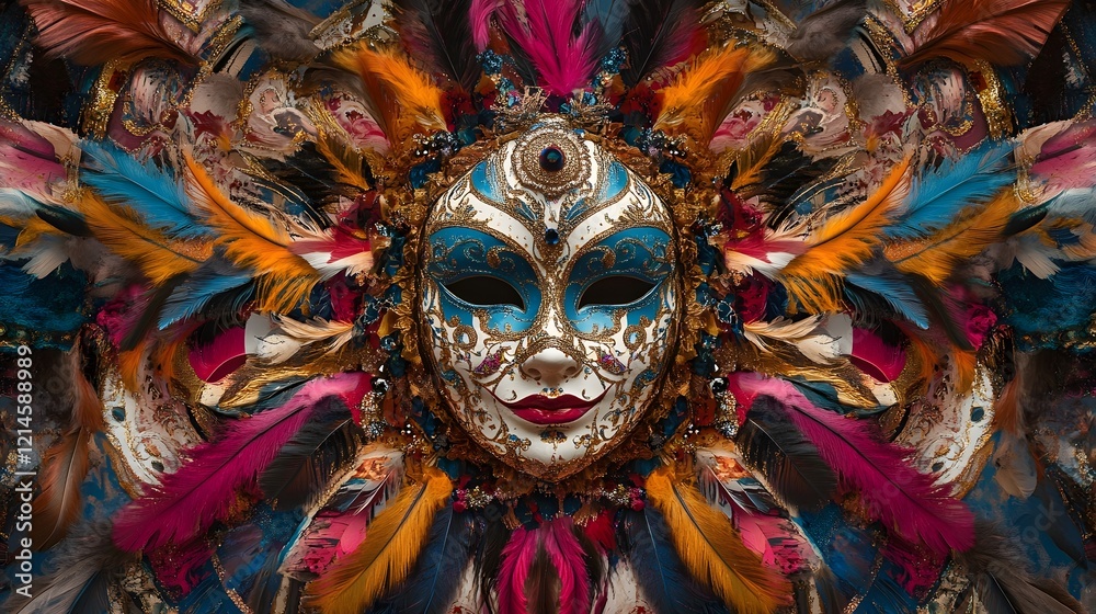 Fototapeta premium Carnevale Mask and Feather Mandala Composition with Vibrant Symmetry and Flair