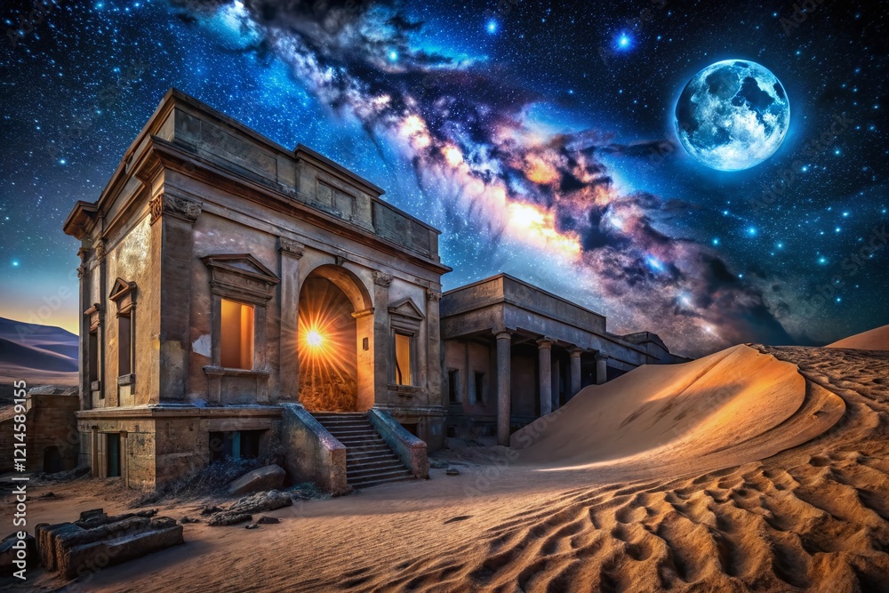 Obraz premium Abandoned Theater Ruins on Desert Sand Dune at Night - Stock Photo