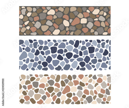 Cobblestone seamless borders set, stone texture. Vector abstract repeat background