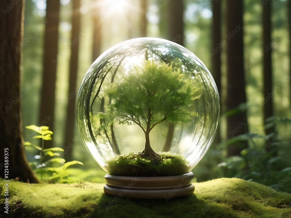 Nature, a tree growing in a glass sphere on a sunny day in the forest outside. Eco idea, saving the globe Nature, a tree growing in a glass sphere on a sunny day in the forest outside. Eco idea, saving the globe
