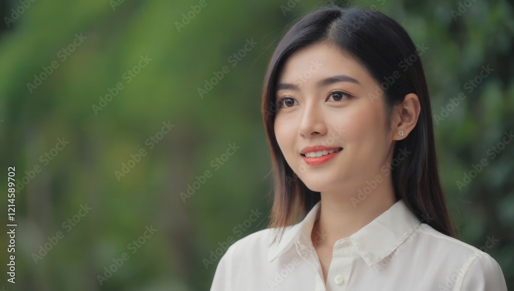 Smiling Asian woman in a white blouse outdoors with a natural blurred green background, ideal for lifestyle, portraits, fashion, and consulting Smiling Asian woman in a white blouse outdoors with a natural blurred green background, ideal for lifestyle, portraits, fashion, and consulting