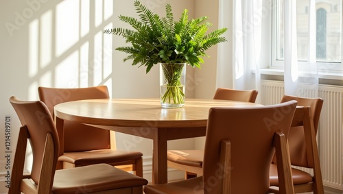 A cozy, polished wooden round table hosts four elegant brown leather chairs, framed by a lush green fern in a crystal vase, radiating warmth and style