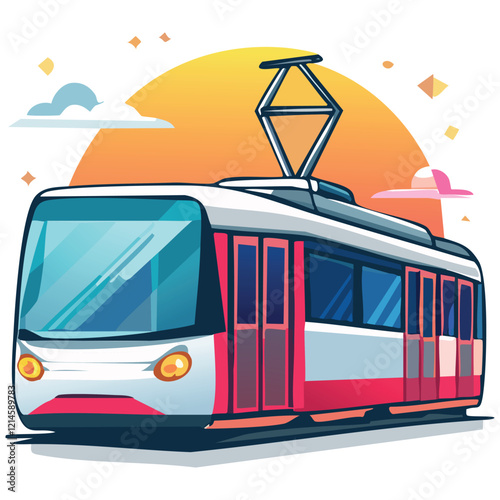 Red and white modern tram on tracks with overhead wires in flat style. Vector illustration.