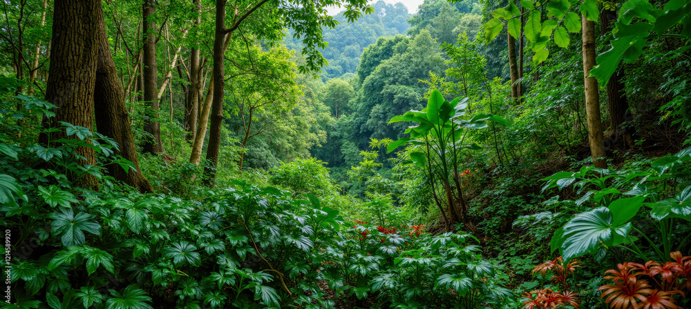 Lush green forest with dense foliage and tall trees, vibrant vegetation, serene atmosphere, ideal for nature lovers and outdoor enthusiasts seeking tranquility Lush green forest with dense foliage and tall trees, vibrant vegetation, serene atmosphere, ideal for nature lovers and outdoor enthusiasts seeking tranquility