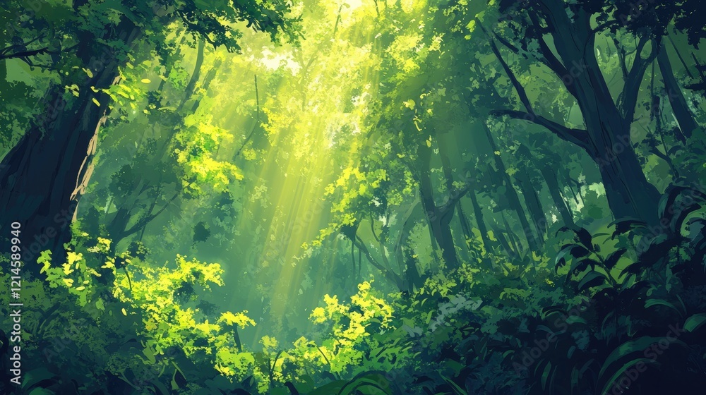Obraz premium Dense rainforest trees illuminated by rays of sunlight, vibrant green foliage creating a serene natural atmosphere