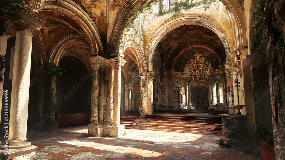 Obraz premium Ruins of Ancient Church Interior Sunlit Stone Columns Overgrown Architecture