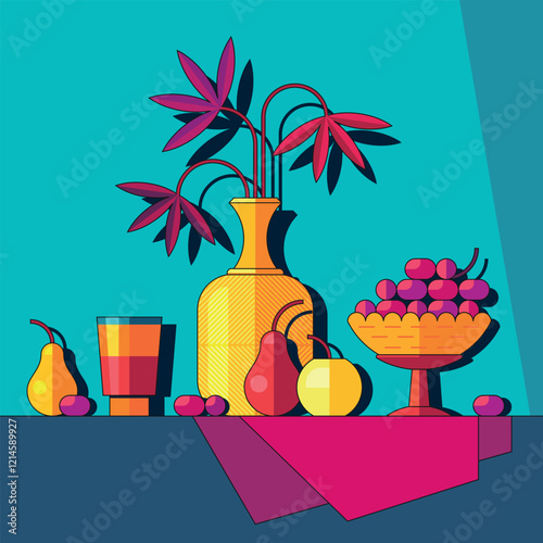 Still life poster. Leaves in vase near fruits in bowl. Abstract drawing style. Bright colored cartoon flat vector illustration.