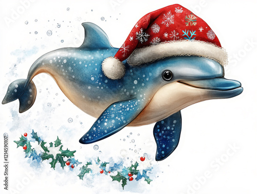 Dolphin wearing a festive red hat swims joyfully through a scene filled with holiday decorations Isolated on a white background