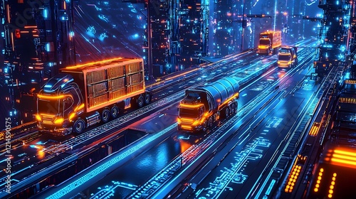 Innovative Cargo Delivery System with Illuminated Trucks and Glowing Logistics Data on a Smart Road