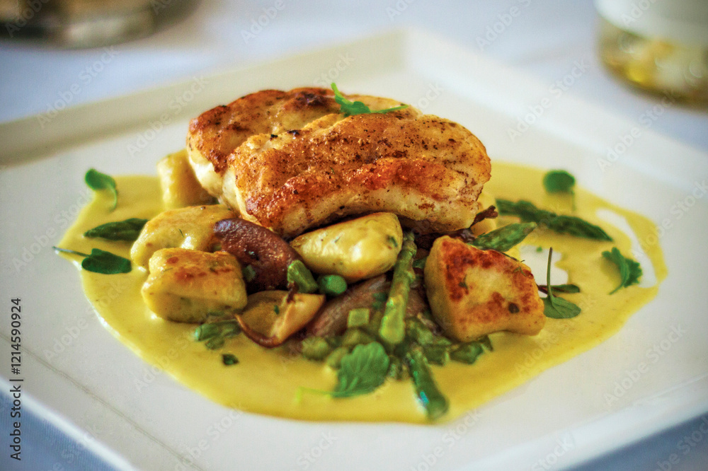 seared halibut with roasted vegetables and curry coconut sauce seared halibut with roasted vegetables and curry coconut sauce