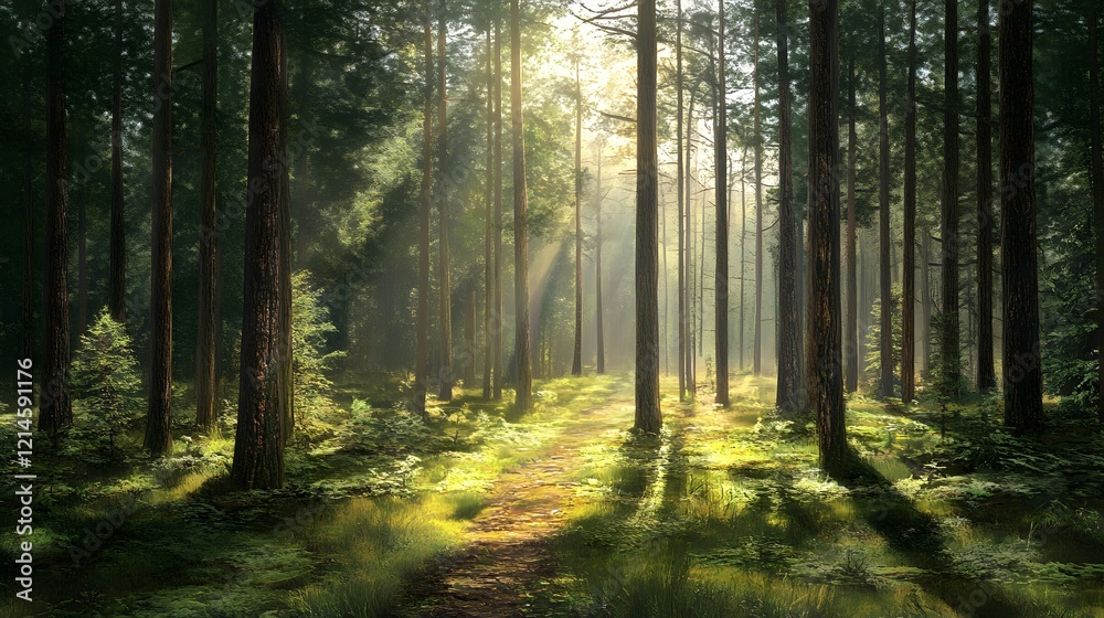 Sunlit Forest Path Misty Woods Green Trees Nature Trail Sunlit Forest Path Misty Woods Green Trees Nature Trail