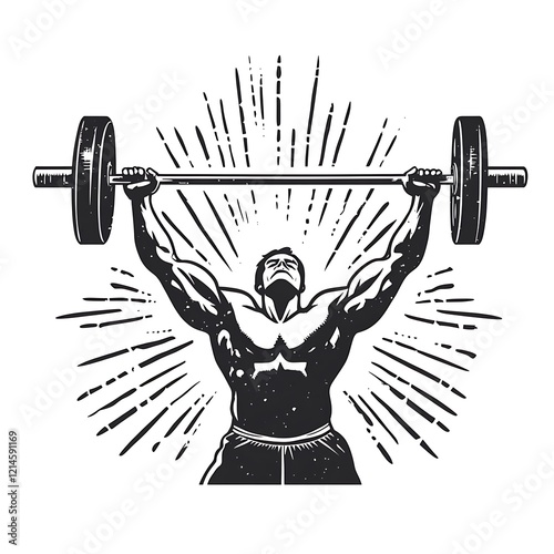 Strong man lifting barbell, vintage style graphic, powerful pose, gym illustration, for fitness apparel design