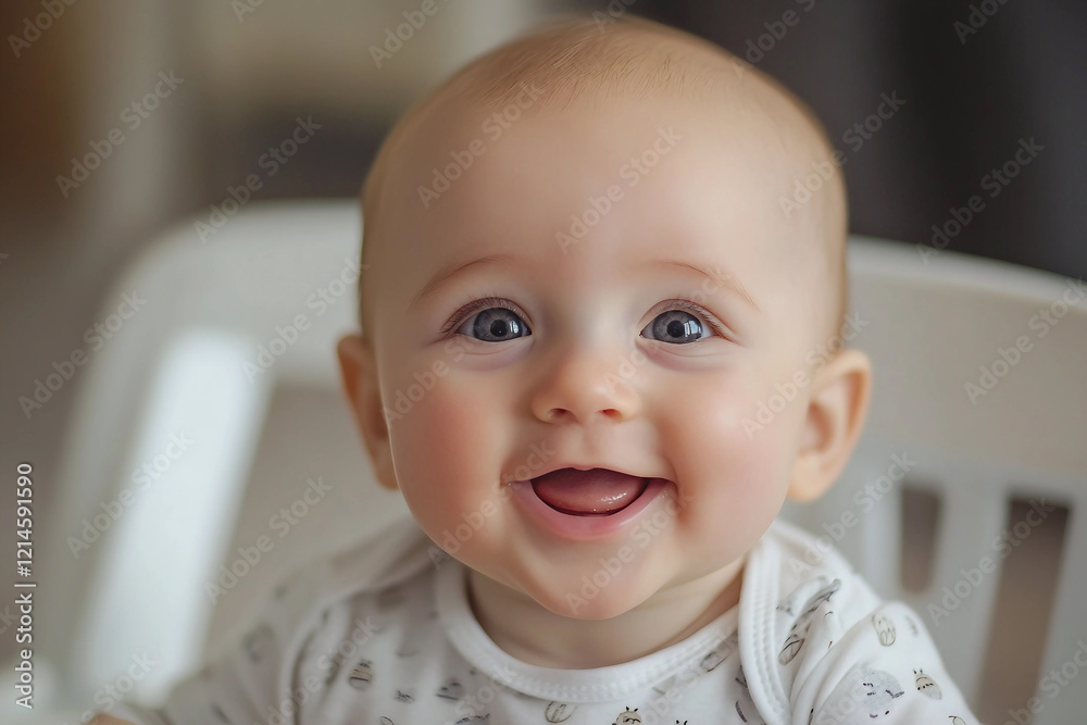 Generative AI image of a cute baby eating food in a highchair with a messy and funny expression Generative AI image of a cute baby eating food in a highchair with a messy and funny expression