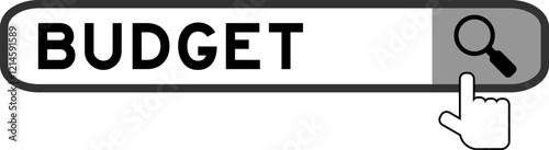 Search banner in word budget with hand over magnifier icon on white background