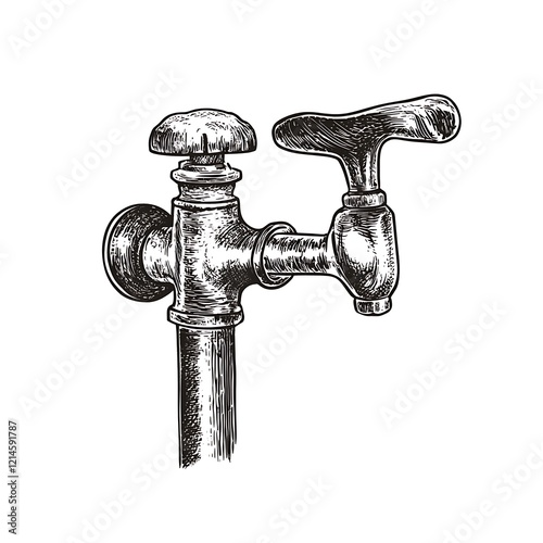 Vintage drawing of a water faucet, detailed illustration of a pipe fitting, classic style, for use in design and home decor photo