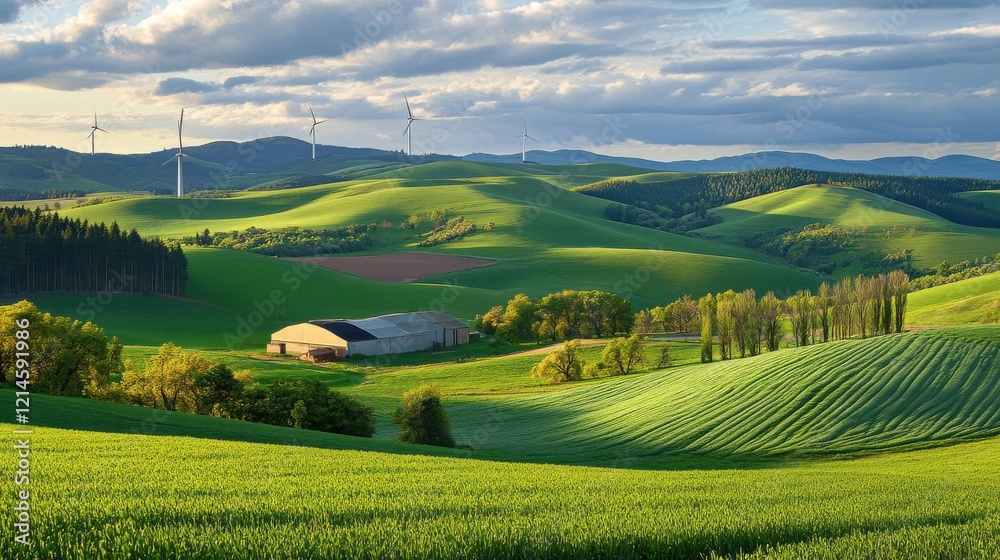 Obraz premium Panoramic View of Wind Turbines on Green Hills