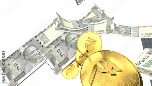 Golden Indian rupee sign and Indian currency coin isolated on 3d render. bearish and bullish golden arrow stock market background.	