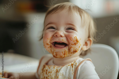 Generative AI image of a cute baby eating food in a highchair with a messy and funny expression