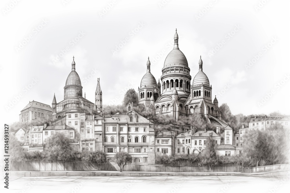 Obraz premium Detailed sketch of Sacré Cœur Basilica with surrounding buildings in Montmartre, Paris