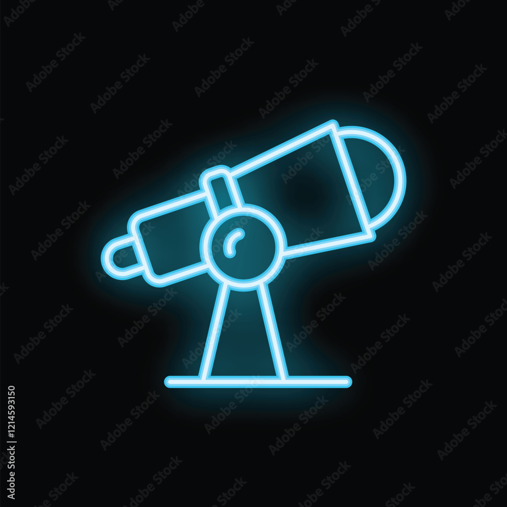 Blue neon sign of a telescope observing the stars, an icon graphic design illustration on black background Blue neon sign of a telescope observing the stars, an icon graphic design illustration on black background