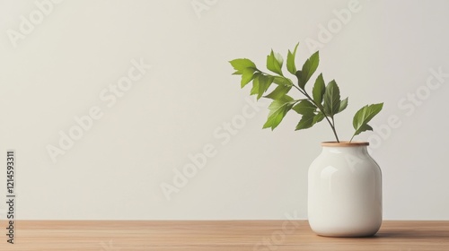 Wallpaper Mural Simple green plant in white vase on wooden table against white wall. Torontodigital.ca